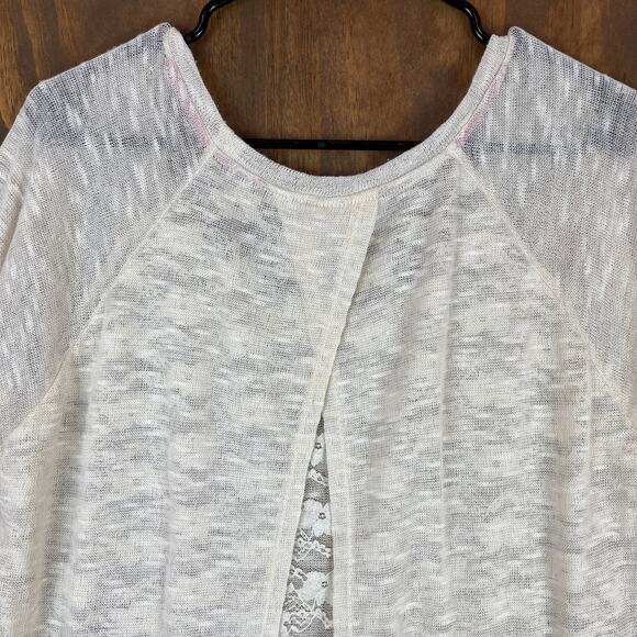 Self Esteem Womens Blouse Beige 3/4 Sleeve Knit Lace Open Back Sheer Linen XL - Picture 10 of 11